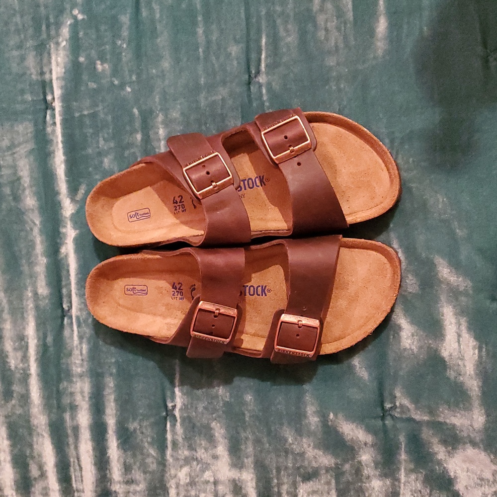 NIB Birkenstock Brown Leather Arizona Sandals Narrow Width 42 Soft Bed
